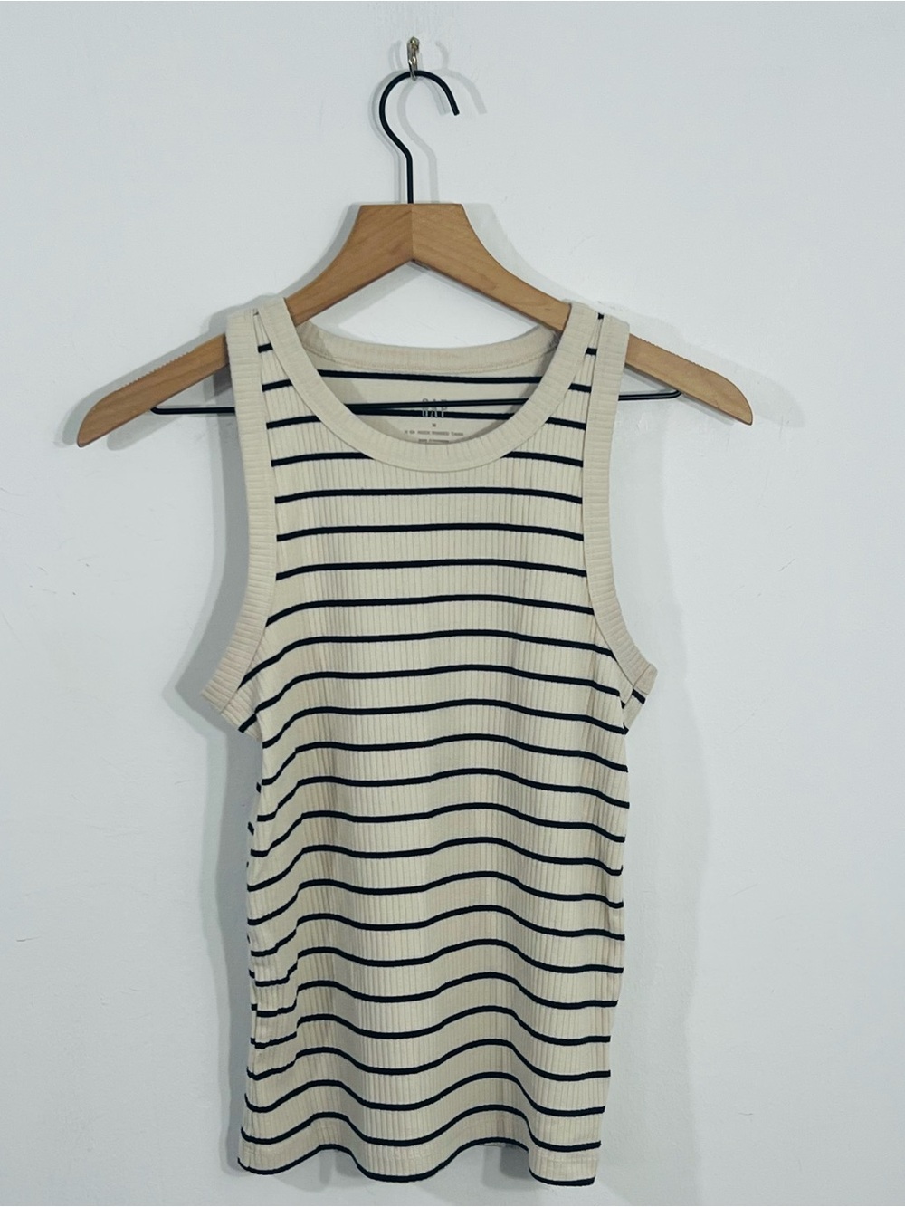 GAP Ivory Black Striped High Neck Ribbed Tank Top Minimalist Layering Top Sz M